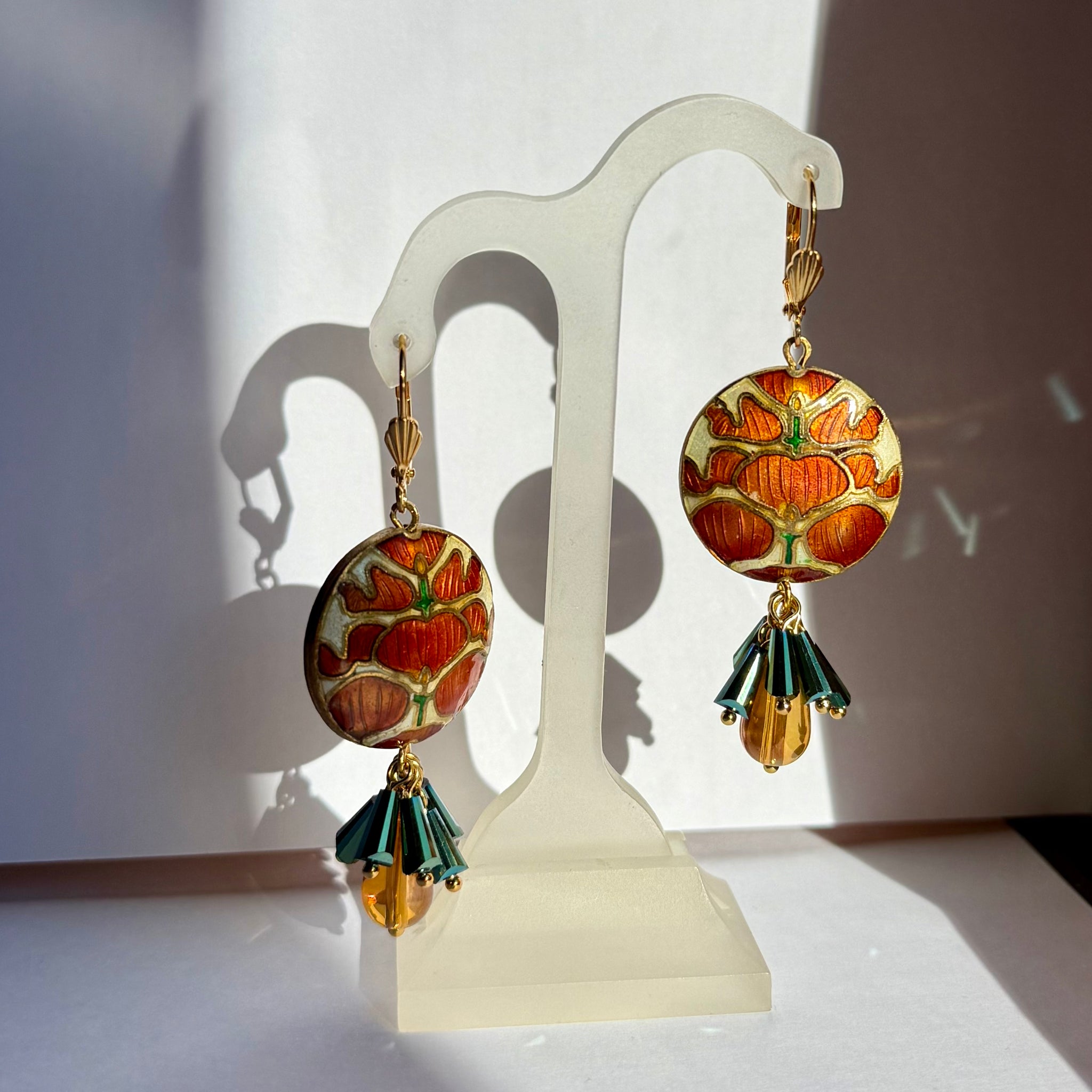Art Nouveau Cloisonne Enamel Earrings in Red