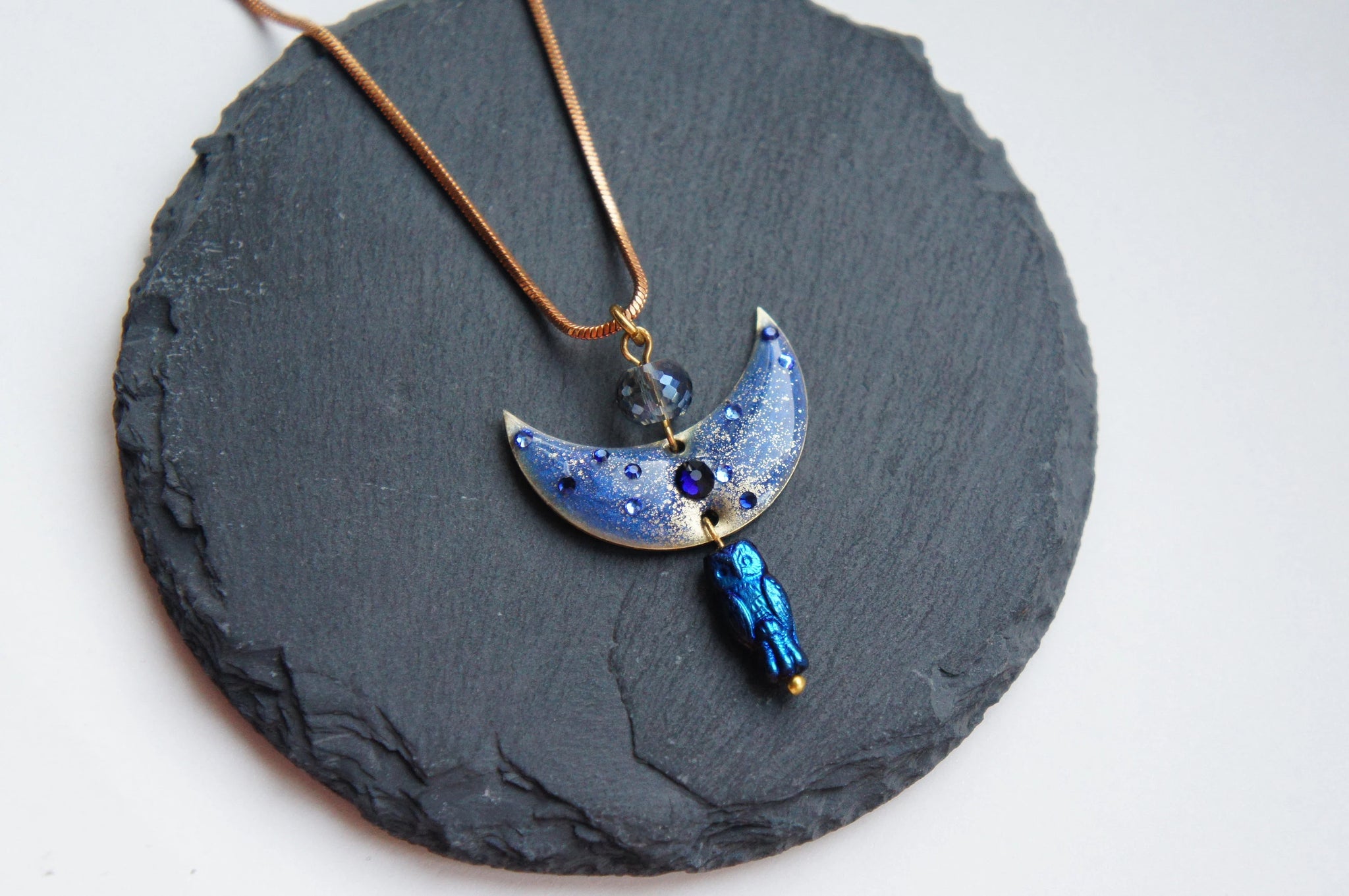 Mystical owl with moon and stars necklace