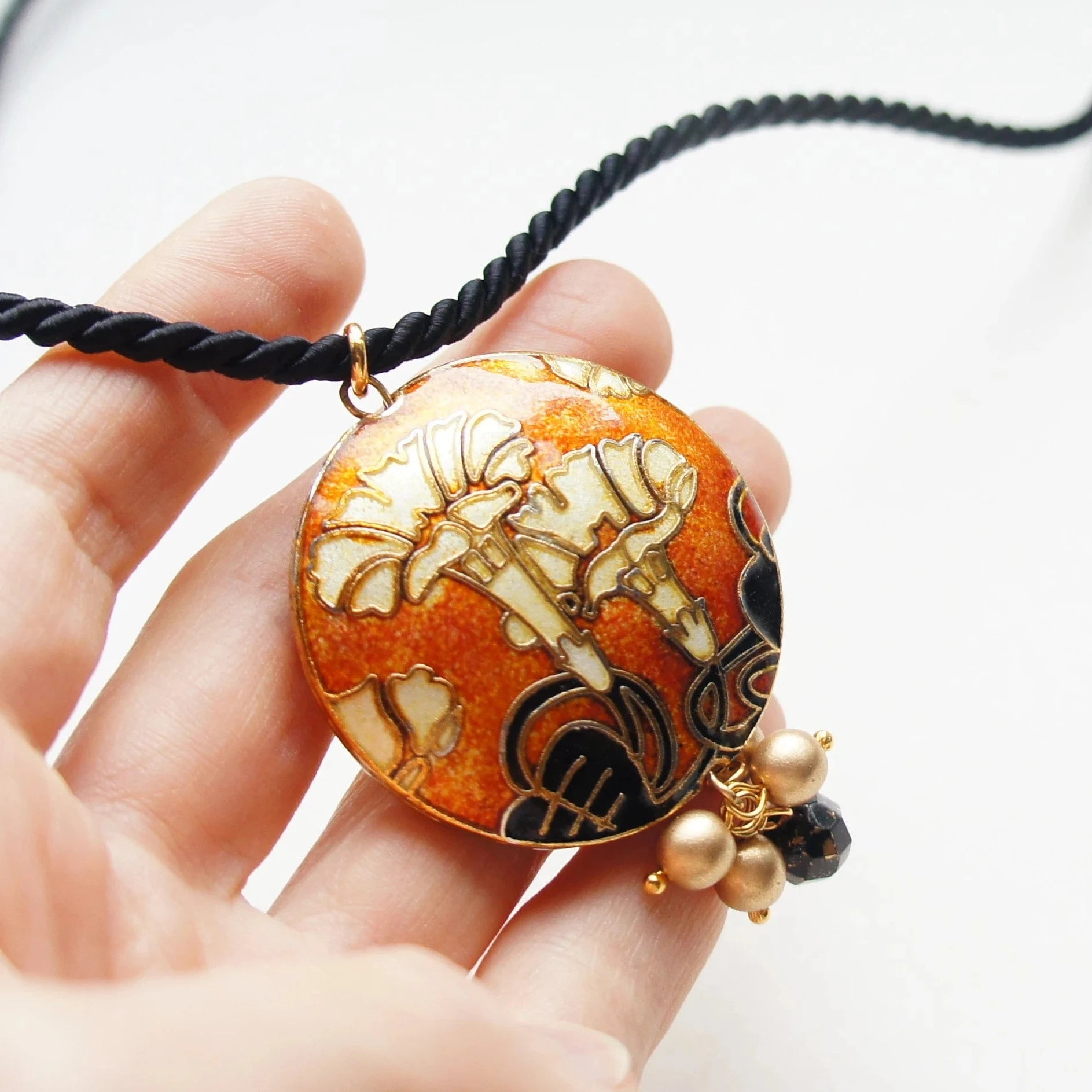 Floral Cloisonne necklace in Art Nouveau style (orange & black)