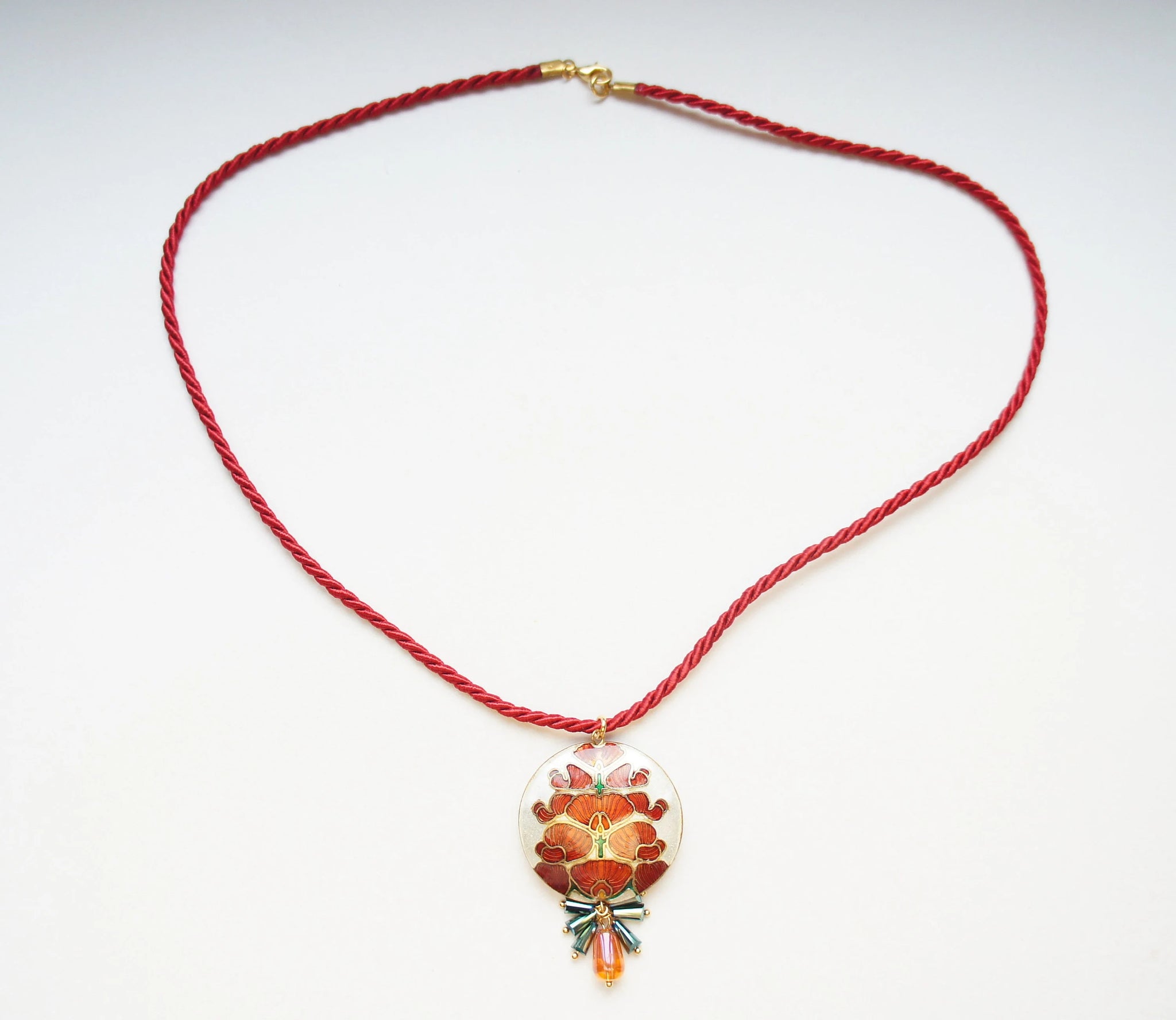 Floral Cloisonne Necklace In Art Nouveau Style (Red)