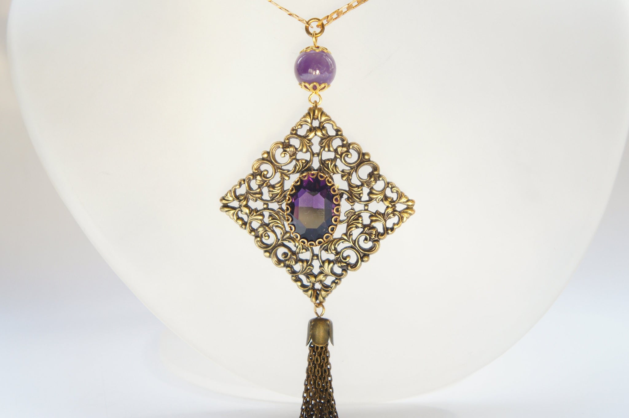 Filigree Rhombus Amethyst Glass Tassel Pendant