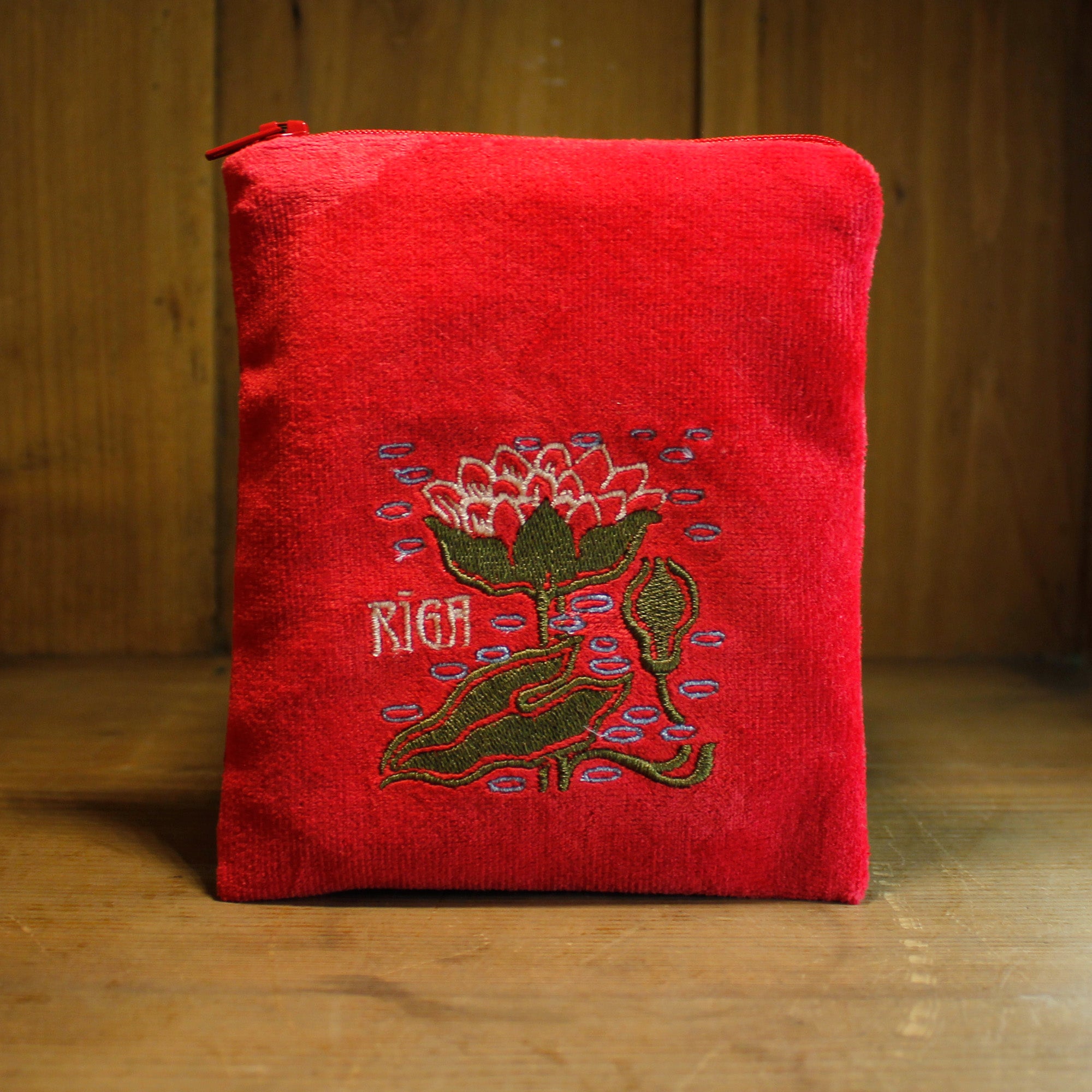 Embroidered Cosmetic Bag Small "water lily" Red
